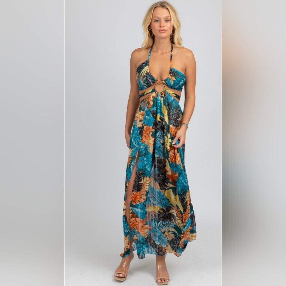 TEAL TROPICAL HIGH SLIT MAXI COVER UP - Picture 4 of 6